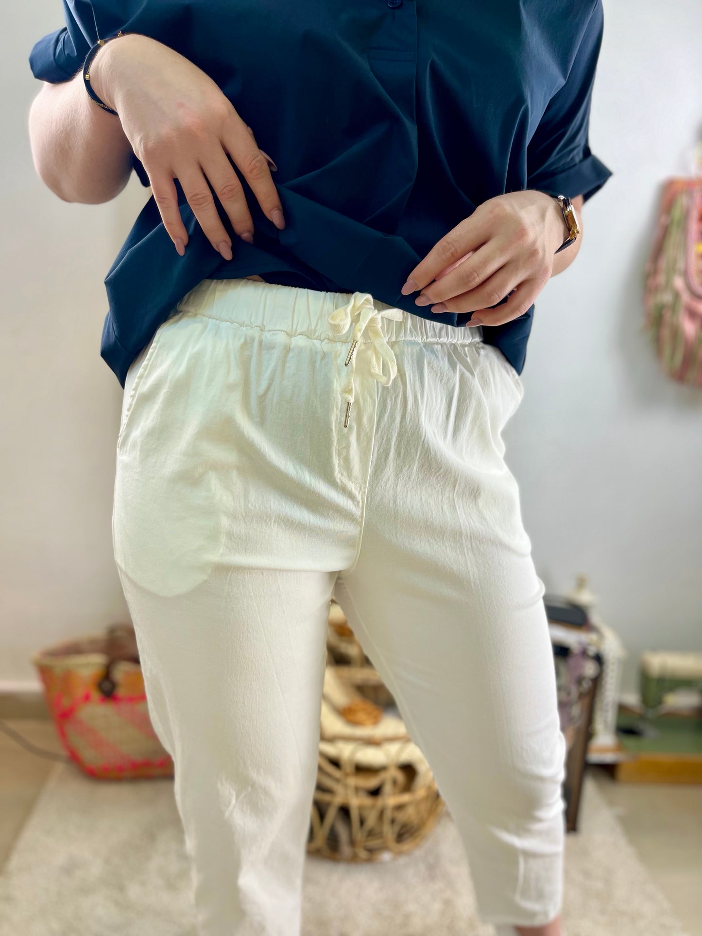 PANTALÓN DE ALGODÓN CON GOMA BLANCO